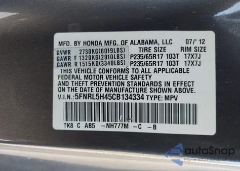 2012 Honda Odyssey Ex z USA, uszkodzony, nr VIN 5FNRL5H45CB134334